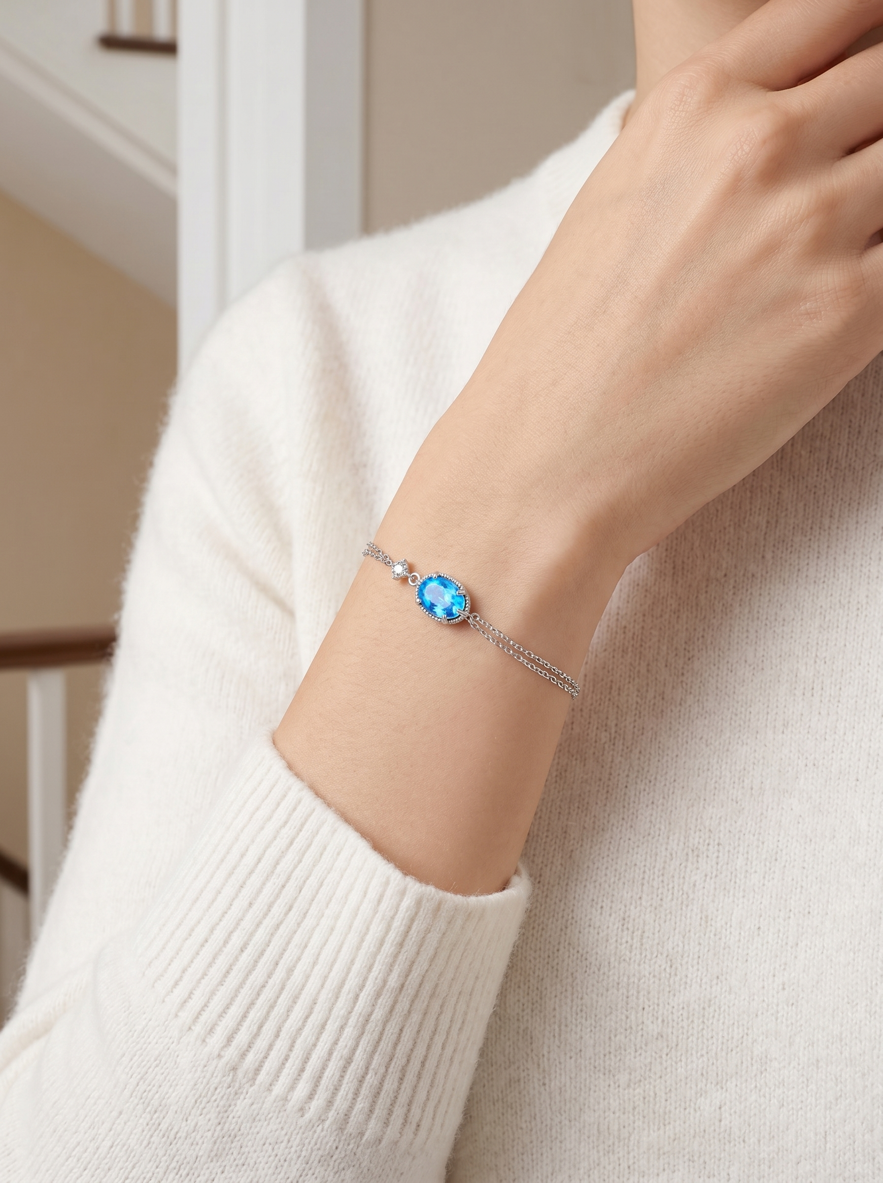 The Serene Aquamarine Oval Halo Bracelet